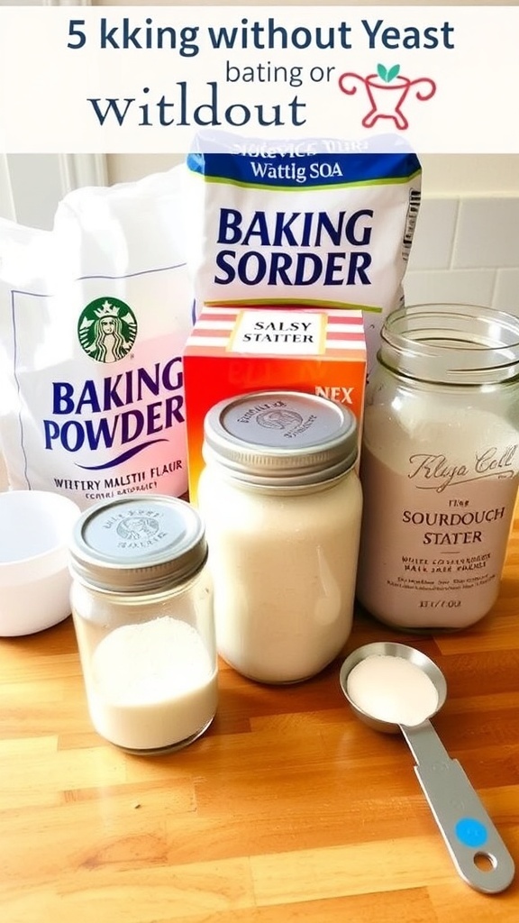 Yeast Substitute Guide for Baking Baking ingredients for yeast substitutes including flour, baking powder, and sourdough starter on a wooden countertop.